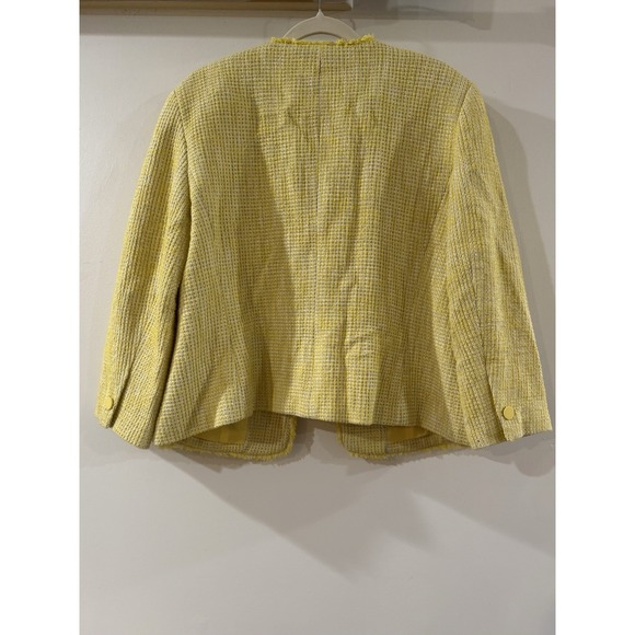Talbots Yellow Tweed Jacket Women's Size 12 Fringe Trim Open Front Blazer - Picture 2 of 11
